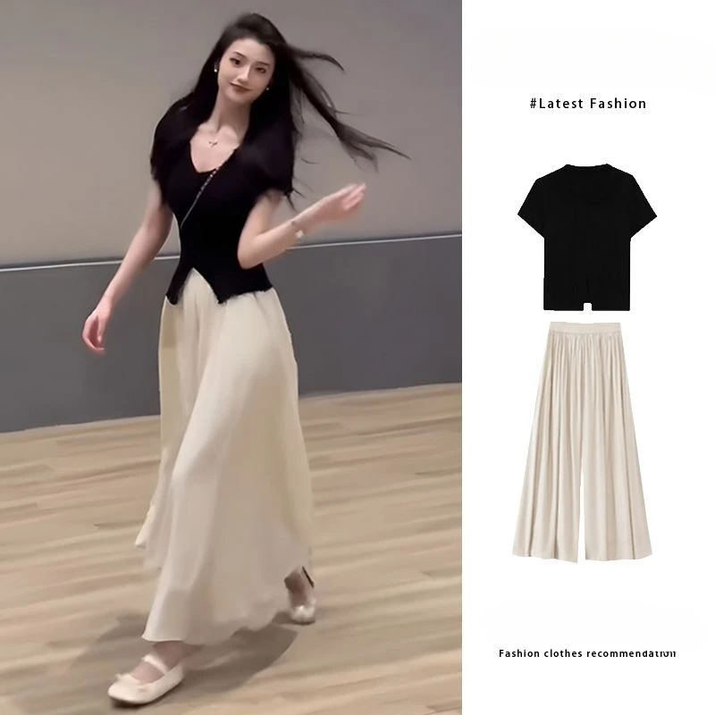 

Summer Casual Simple Women's New Age-reducing Niche Top with High Waist Hanging Wide-leg Pants Two-piece Set Fashion Personality
