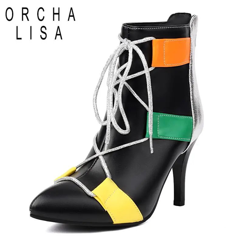 

ORCHA LISA 2025 Новый дизайн Женские ботильоны с острым носком на тонком каблуке 8,5 см на молнии со шнуровкой Разноцветные большие размеры 46 47 Sexy Bota