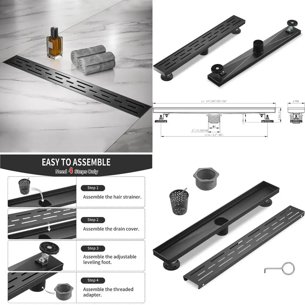 

Stainless Steel 32-Inch Rectangular Shower Drain with Removable Grate, Matte Black Finish, Suitable for Large Shower Floors