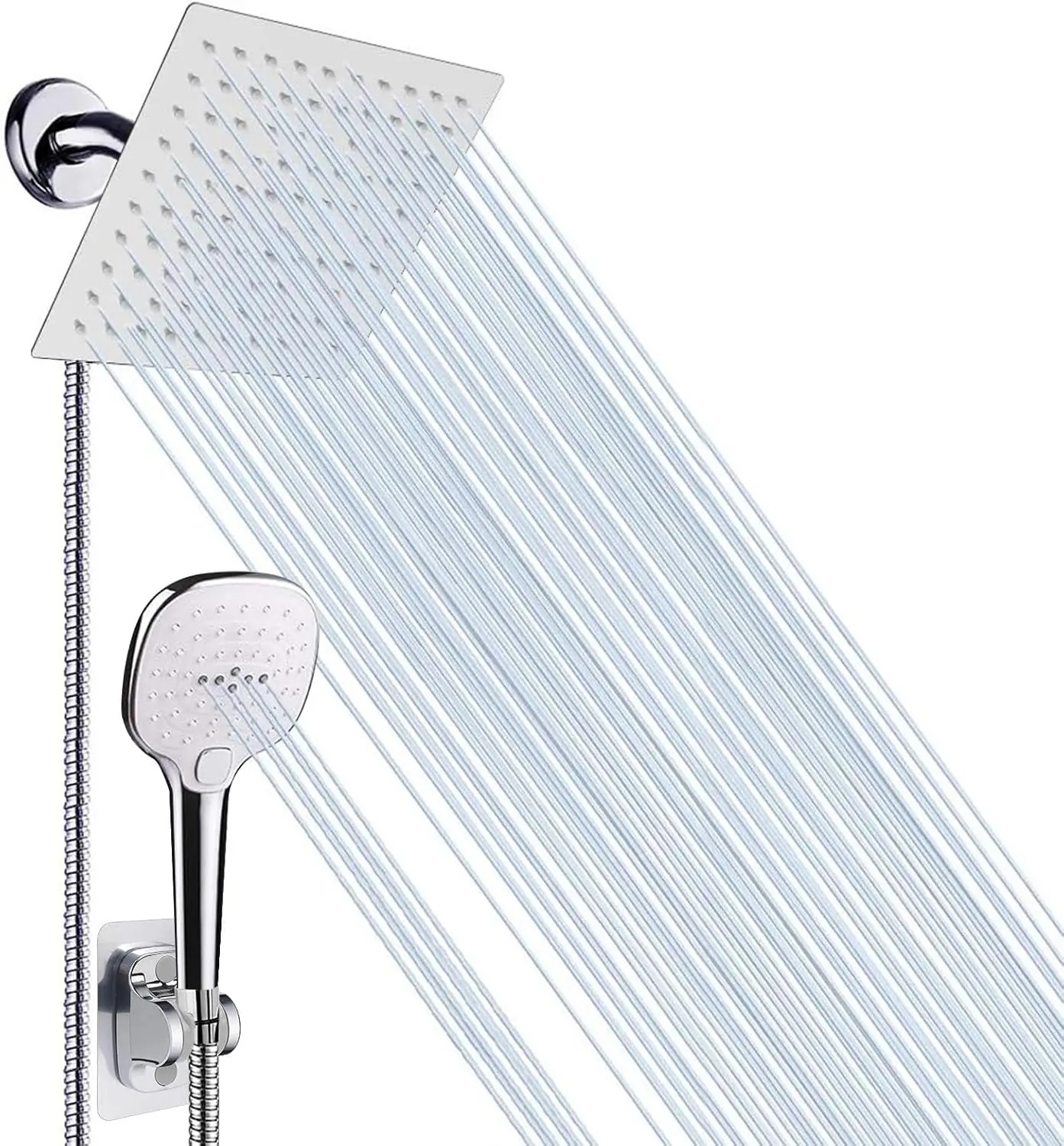 

High Pressure Shower Head with Hose, 8 Inch Rain Shower and 3 Settings Handheld Spray Combo with Push Button Flow Control