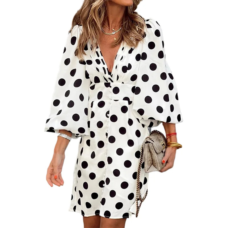

Elegant Polka Dot Mini Women Dress 2025 Autumn New Fashion Sleeve Women Sexy Deep V-Neck High Waist Street Wear Casual Dresses
