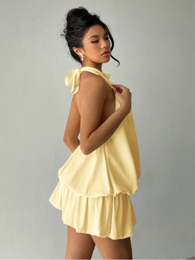 French solid color hanging neck off shoulder dress women summer sexy spicy waist cinched fluffy skirt covers buttocks Y2K