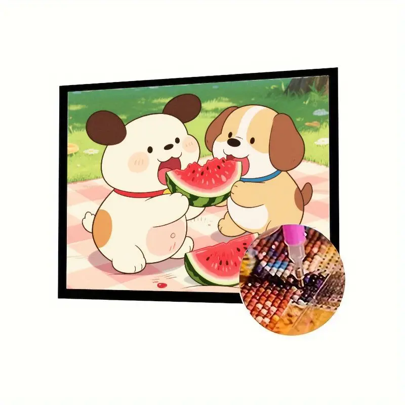 

1PC Adorable Cartoon Puppies Eating Watermelon Summer Picnic Scene 5D DIY Full Drill Diamond Painting Kit - Relaxation & Stress