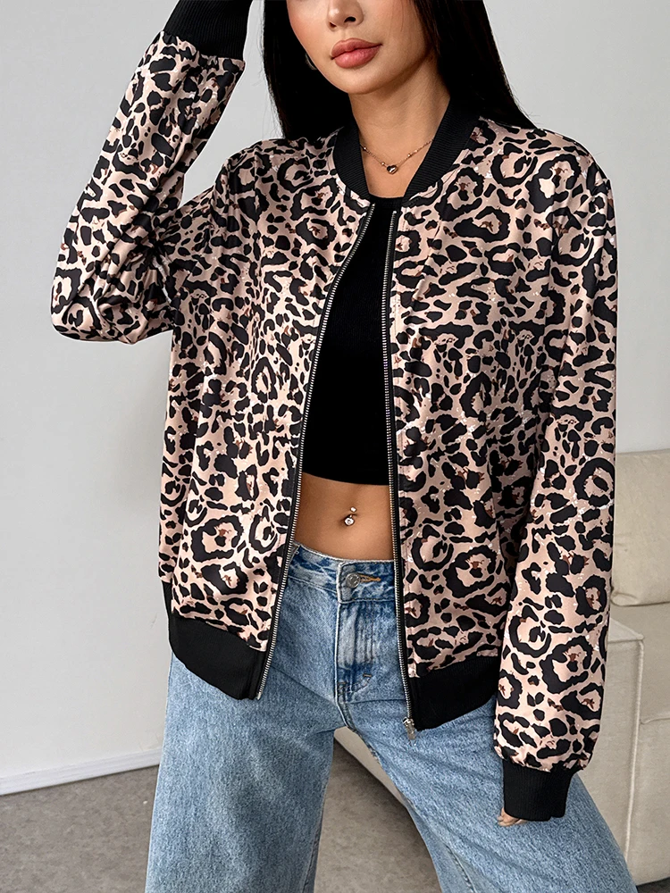 خريف جديد المرأة بلايز معطف الشارع الشهير موضة طويلة الأكمام ليوبارد طباعة سحابات هوديي عادية سليم الإناث تنوعا الملابس