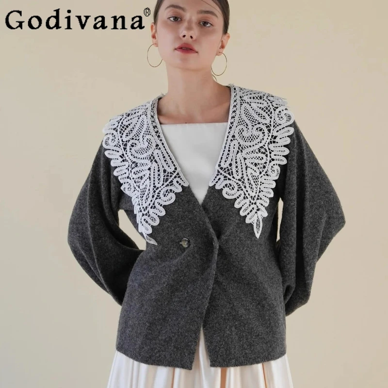 

Japanese Fashion Sweet Lace Turndown Collar Knit Pullover Sweater Autumn Winter New Women's Loose Slim Daily Knit Top Sweater