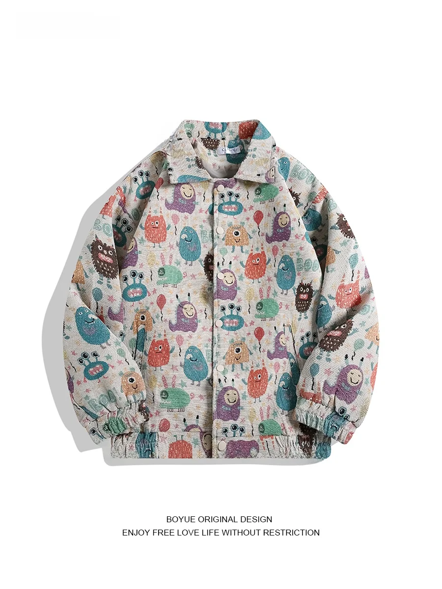 

Boyue Retro Cartoon Print Jaet ex Trendy College Sle Couple Outerwear Long Sve Zipper Closure Casual Autumn Jaet