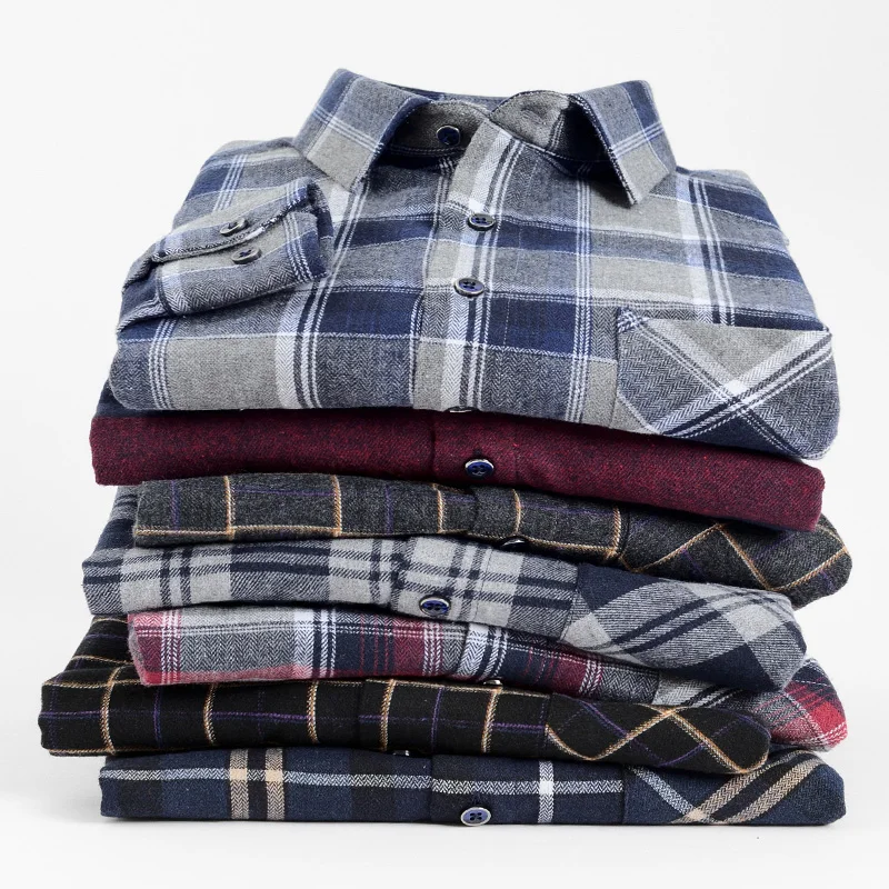 New Flannel Men\'s 100% Cotton Shirt Fit Luxury Clothes Long Sleeve Comfort Soft Plaid High Quality Casual Business Spring Autumn