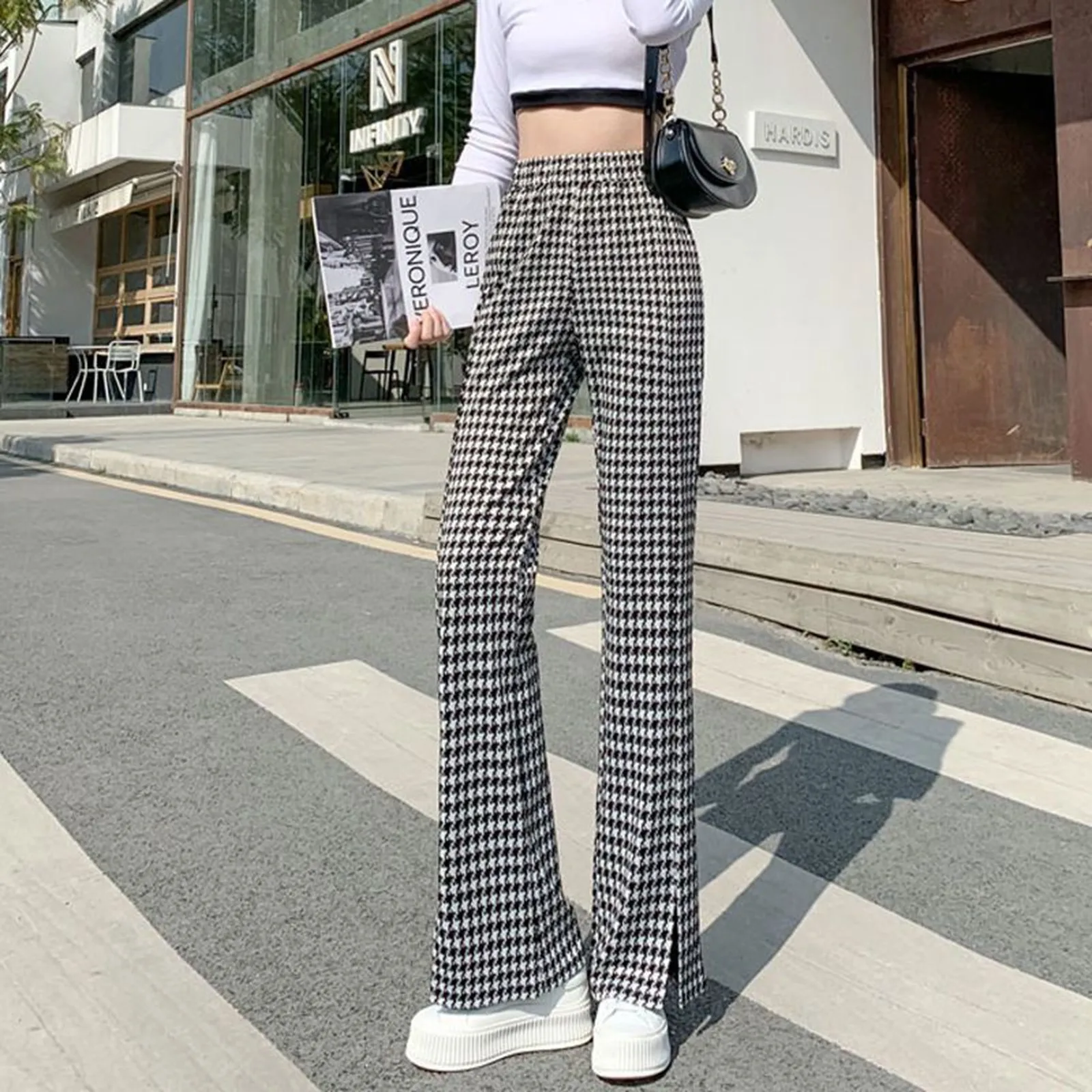 Casual Plaid Ruffles Edge Flare Pants Fashion High Waist Hem Split Slim Fit Female Pants Summer Autumn Daily Trousers For Women