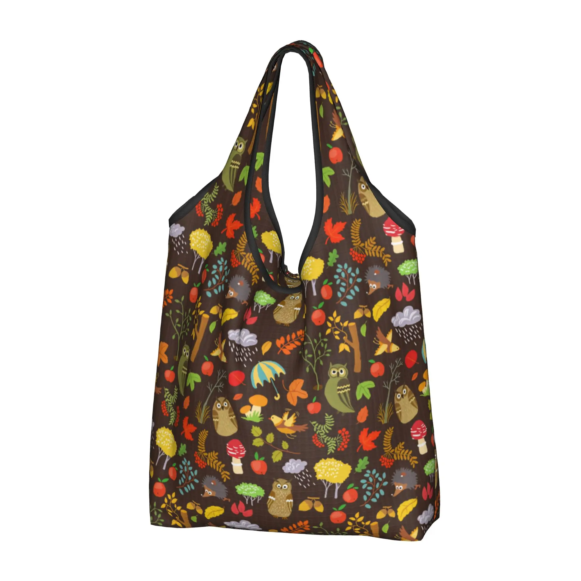 Custom Autumn Owl Seamless Pattern Shopping Bags Women Portable Large Capacity Groceries  Shopper Tote Bags