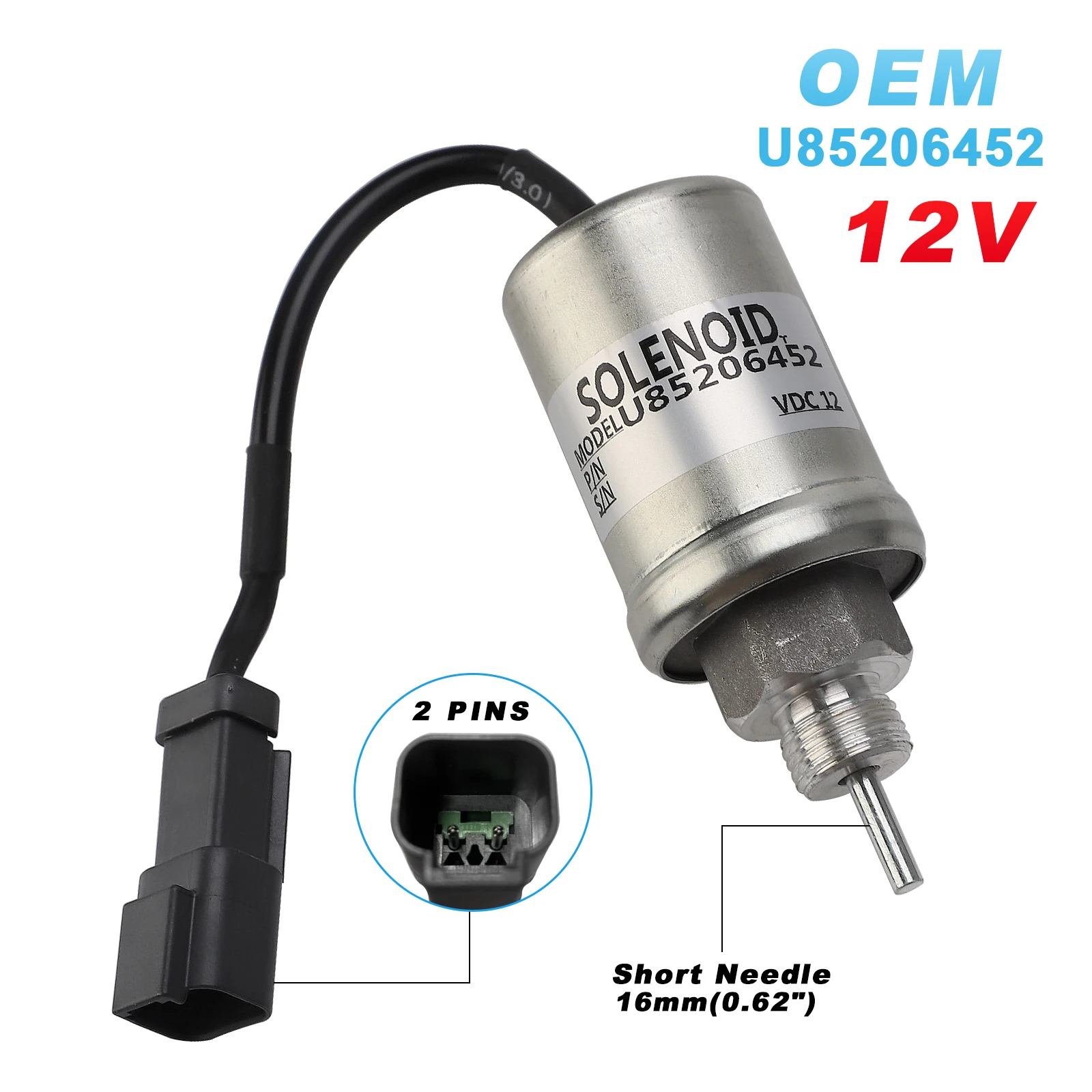 

12V Silver Fuel Shut Off Stop Solenoid Valve U85206452/U85206451 Fit for Perkins 402D 403D 404D 403C 404C