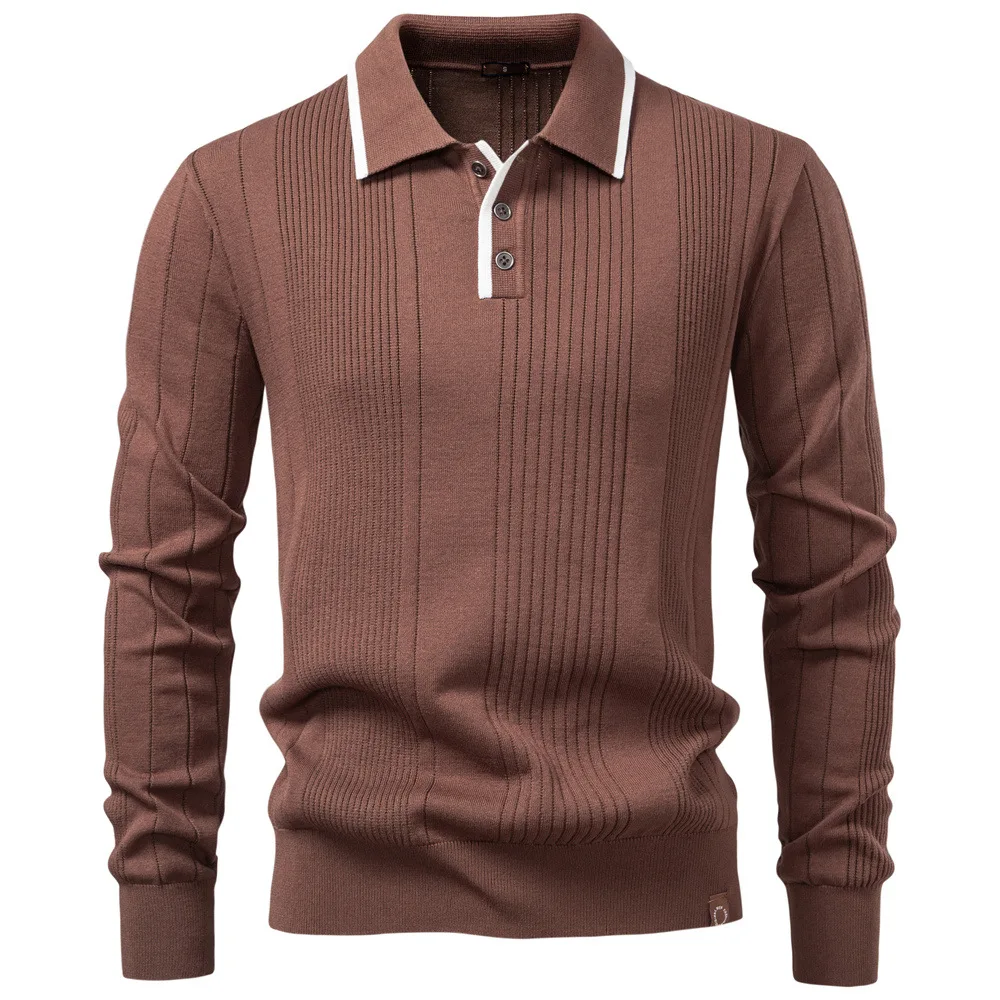 

2025 Button Down Polo Shirt Men Solid Color Stripe Long Sleeve Fall Winter Luxury Warm Touch Business Casual Mens Polo Shirts