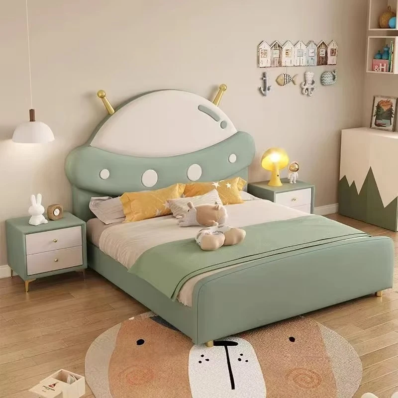 

￥#2025 Popular Design Simple Cute Princess Bed for Girls Kids Room Cartoon Bed Boys Leather Bed with Guardrail Slide