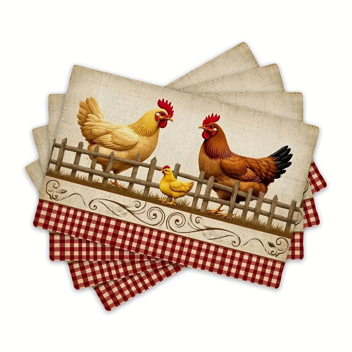 4/6/8pcs Farm Chicken Print Linen Placemats Set 4Pcs Rustic Table Mats For Dining Kitchen Heat Resistant Country Style