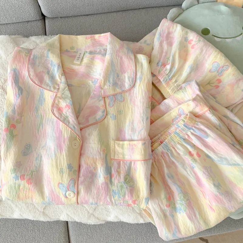 New Ins Sweet Tulip Women's Plus-Size Pajamas, Summer Short-Sleeve, Colorful Tie-Dye Three-Piece Set, Women's Summer Clothing