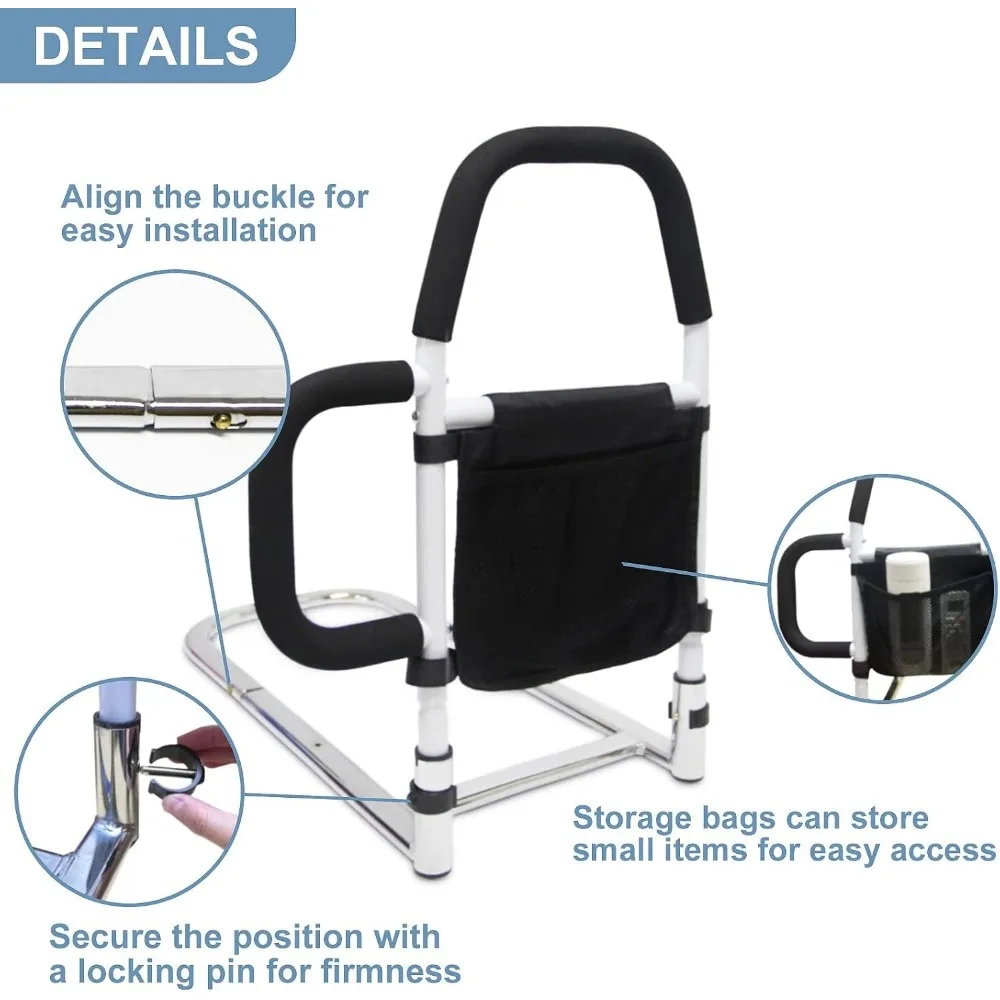 Adjustable Bed Safety Rail with Storage Pocket, Supports Up to 350lbs for Queen, King, Full, Twin Beds