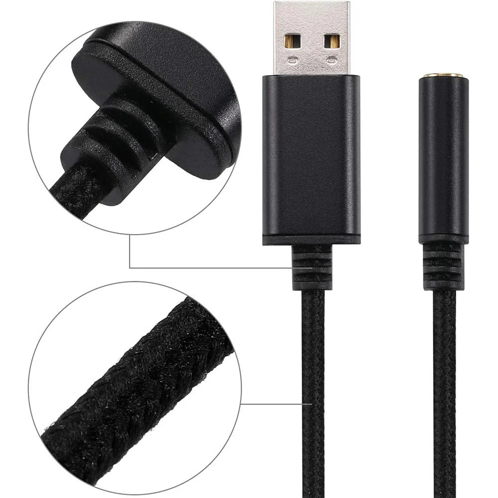 Adaptador de áudio USB para fone de ouvido de 3,5 mm, placa de som estéreo externa para PC, laptop, para etc. (0,6 pés, preto)