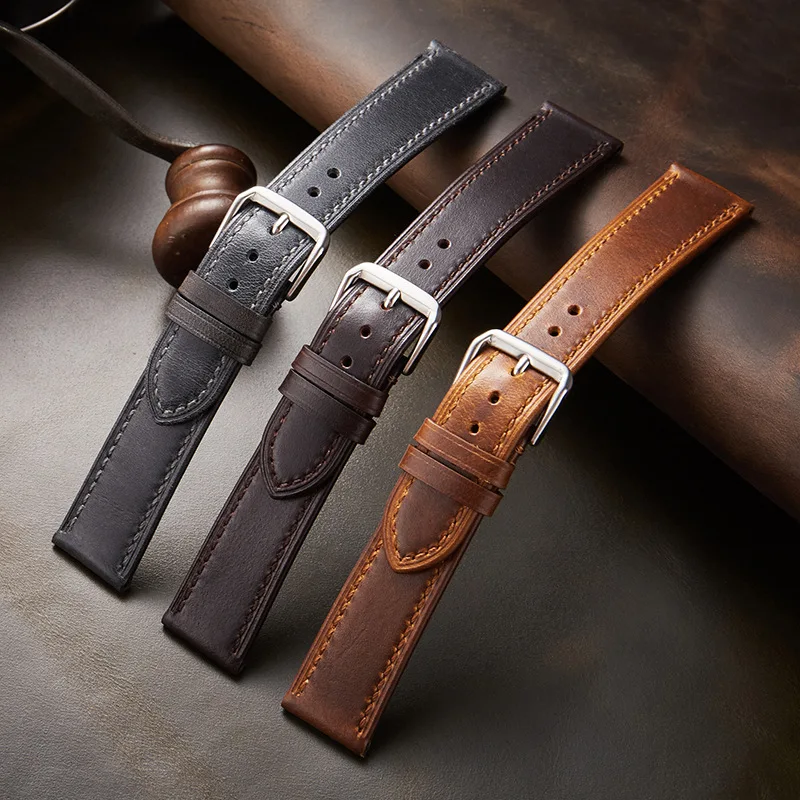 Genuine Cow Leather Watch Strap 18mm 19mm 20mm 21mm 22mm Oil Wax Discoloration Cowhide Belts Business Retro Watchbands