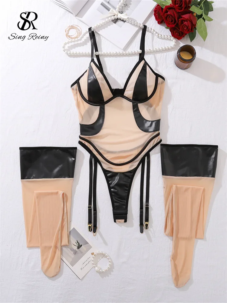 

SINGREINY PU Spliced Backless Sexy Rompers Sleeveless Gauze Club Lingerie Playsuits Fashion Female Leather Slim Erotic Bodysuits