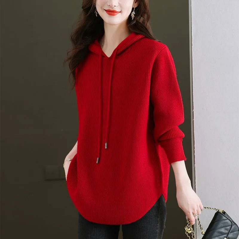 Casual Loose Hooded Sweater Autumn Winter New Women's Pullover Long Sleeve Drawstring Solid Mid-length Outerwear Base Knit Top