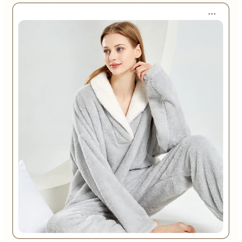 Pijamas de franela gruesos y cálidos con mangas largas, conjunto de traje de Navidad europeo para el hogar, ropa de dormir de alta calidad para mujer