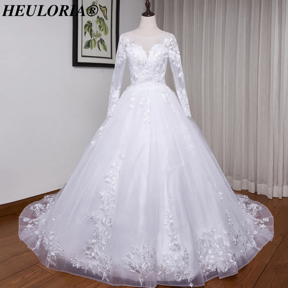 

HEULORIA vintage Wedding Dresses long sleeve lace applique bride dress Plus Size lace up Ball Gown robe de mariee Wedding Gown