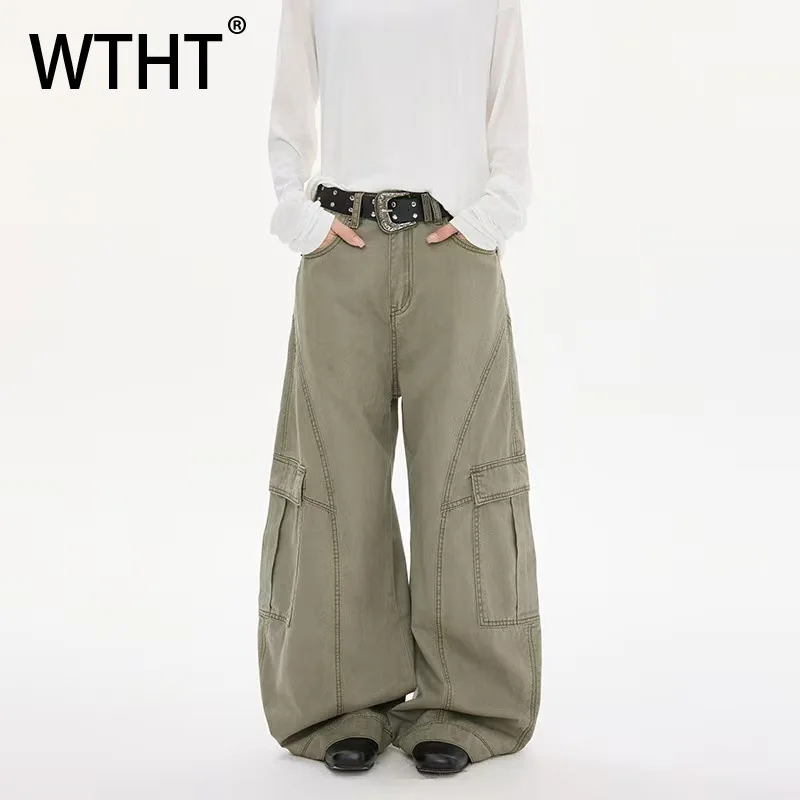

WTHT Fashion Men's Solid Color Patchwork Cargo Pants Trendy 2026 Summer Wide Leg Straight Loose Trousers Male 2A2974