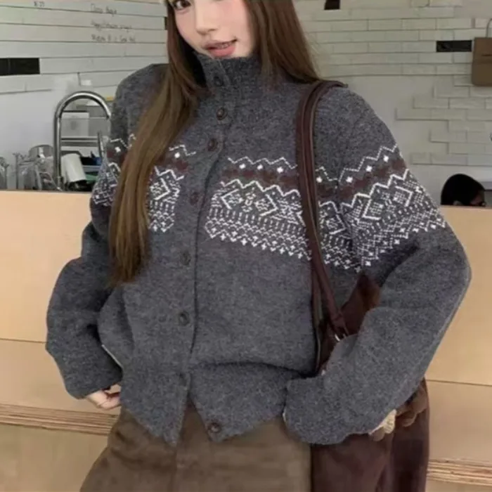 Damen Strickpullover Jaet Hoher Kragen Thiened Retro Farbe Blo Blumenstickerei Herbst Winter Faion Vielseitiges Top