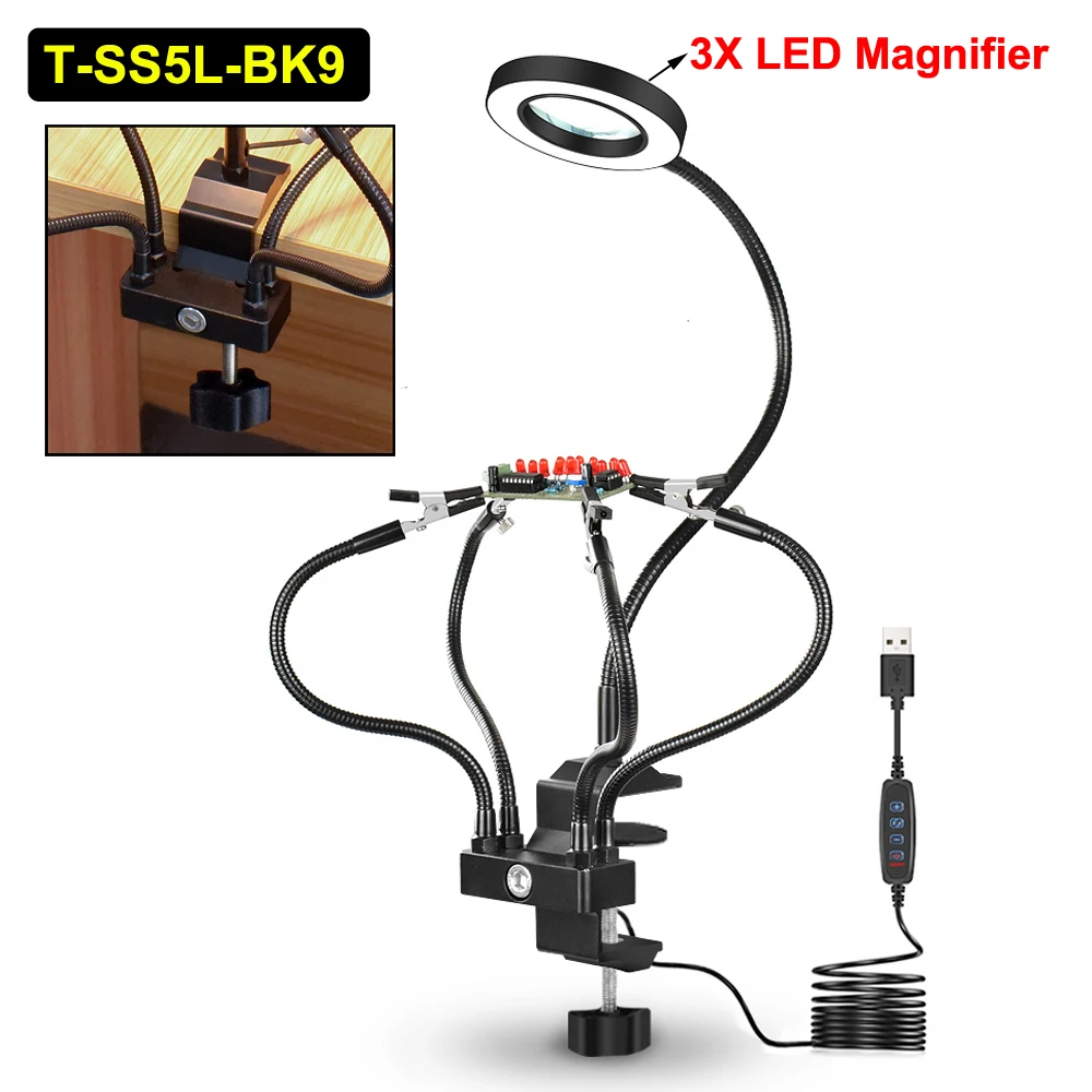 NEWACALOX Clip de escritorio herramienta de soporte de PCB de soldadura con lupa LED 3X 5 uds brazos de ayuda taller de soldadura reparación de estación de ayuda