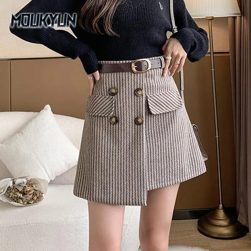 

Steriped Skirts Winter Women High Waist A-line Skirt Za Woman office lady mulberry silk Skirt Faldas
