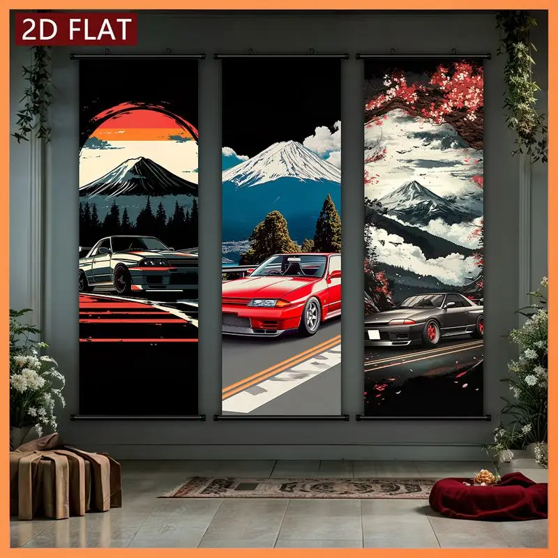 Japanese-Style Sports Car Scroll Tapestry, Retro Anime-Style Racing Car Vertical Wall Hanging, Bedroom Wall Backdrop