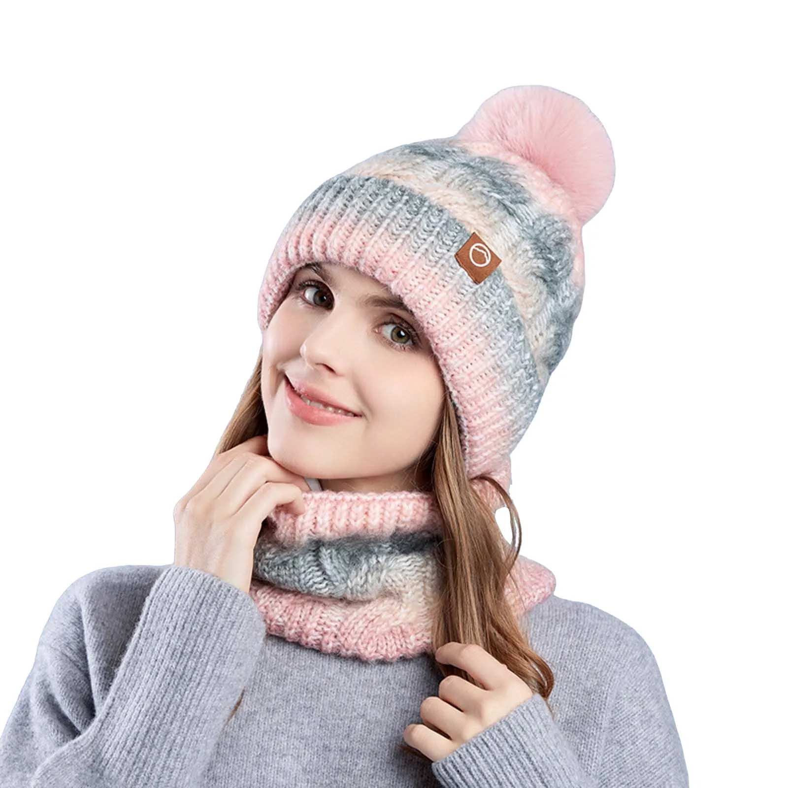 Fleece Lined Hat Sets Women's Winter Hat Scarf Set With Plush Ball Decor Contrast Color Design Thick Plush Lining For Outdoor