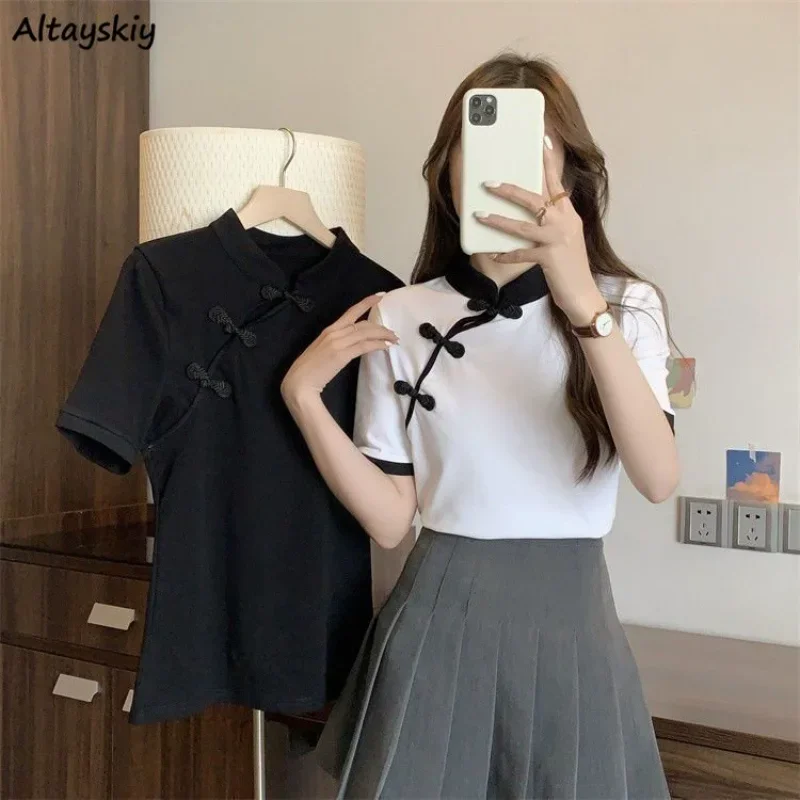 M-4XL T-shirts Women Irregular Buttons Chinese Style Gentle College Designed Mandarin Collar Sweet Summer Short-sleeve Vintage