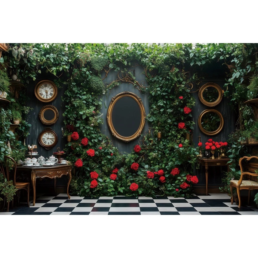 Vintage Indoor Garden Floral Clock Photography Background Castle Girl Birthday Party Artistic Portrait Photo Backdrop Studio