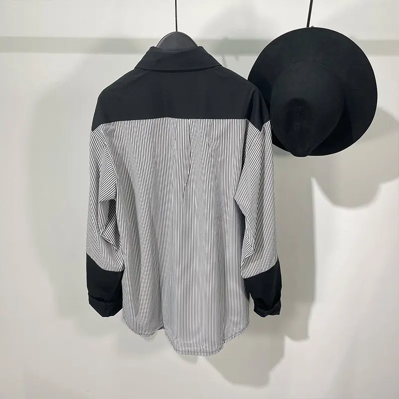Autumn Designer Trendy Men's Dark Fake Two-Piece Striped Stitching Loose Long Sleeve Shirt Personalized Work Clothes Temperament