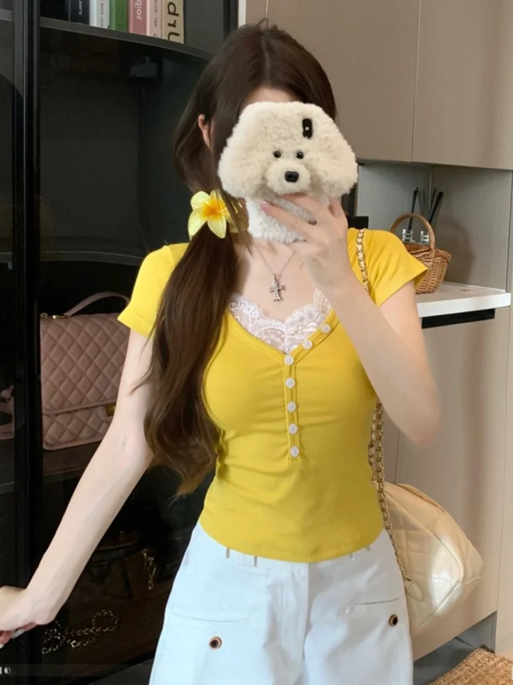 

Pure Desire Lace Splice Shoulder Short Sleeve T-Shirt Women's Slimming Unique Beautiful Sexy Small Top Korean Style Commute