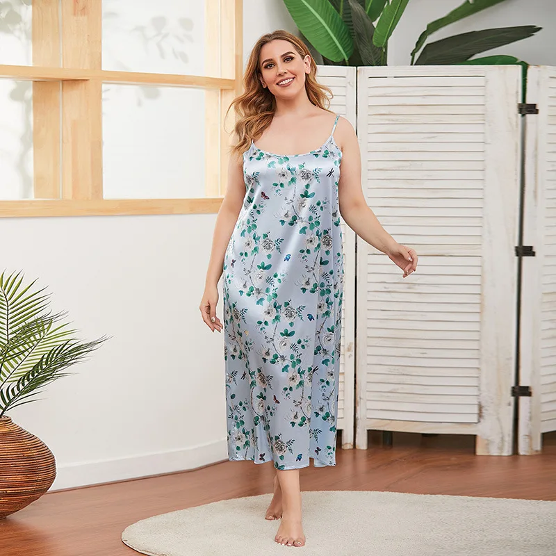 

Large size Women's Sleepwears Dress Homewear Solid Thin Satin Nightdress Summer Sleepwear Sexy Plus Size Dresses Nightgown