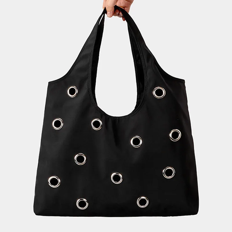 

Luxury Soft Nylon Shoulder Bags Fashion Hollow Rivet Large Capacity Tote Bag Hobos Women Handbags Trend Big Shopper Purses