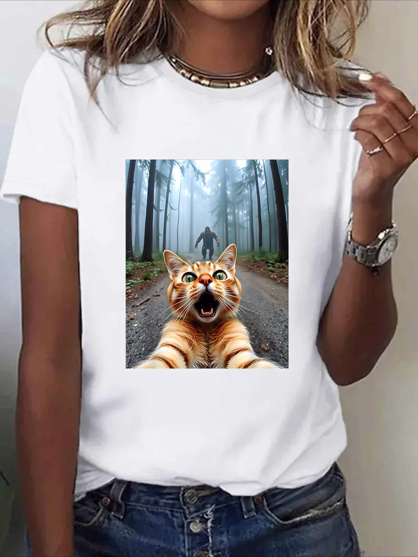 

Fun Forest Selfie Cat Pattern Printed Summer Women's Soft T-shirt Top Short Sleeve Round Neck Casual Summer Women's Clothing