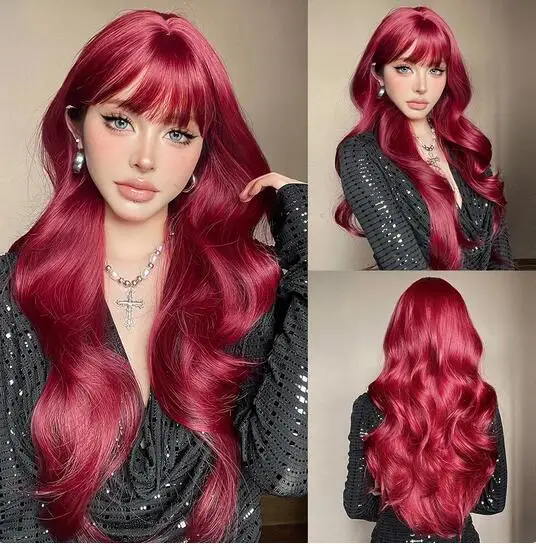 

Long Burgundy Water Wave Synthetic Hair Wigs with Full Bangs for White Women Cosplay Wig High Temperature Fiber