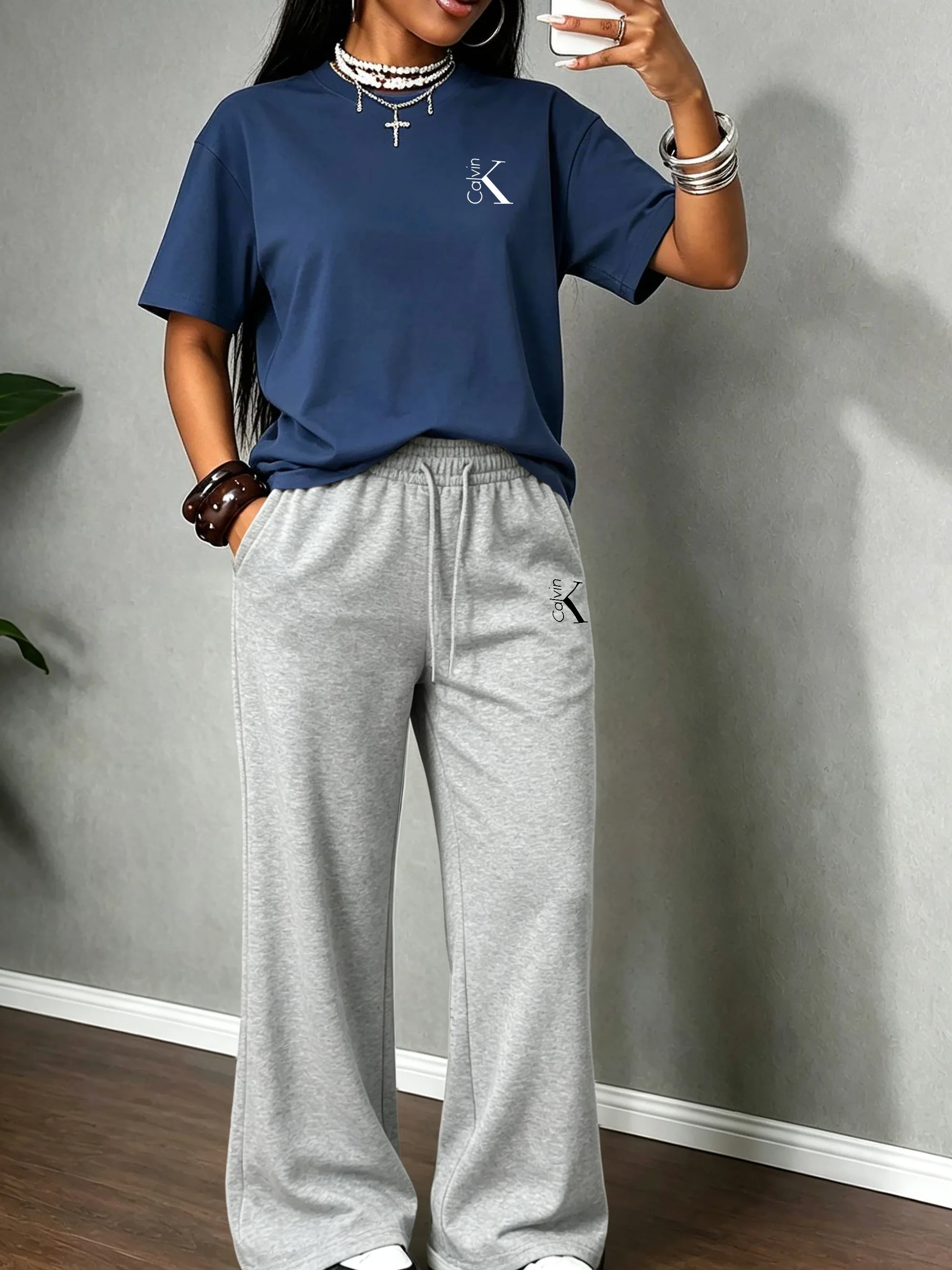 

100% Cotton Small Letter K Print T-Shirt + Fleece Lined Flared Sweatpants Set, Minimal Casual Unisex Outfit