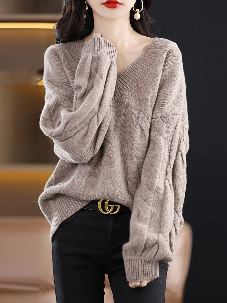 Autumn Winter Women’s Thick Cashmere V-neck Pullover 100% Merino Wool Sweater Twist Flower Loose Cashmere Warm Knitwear Tops New