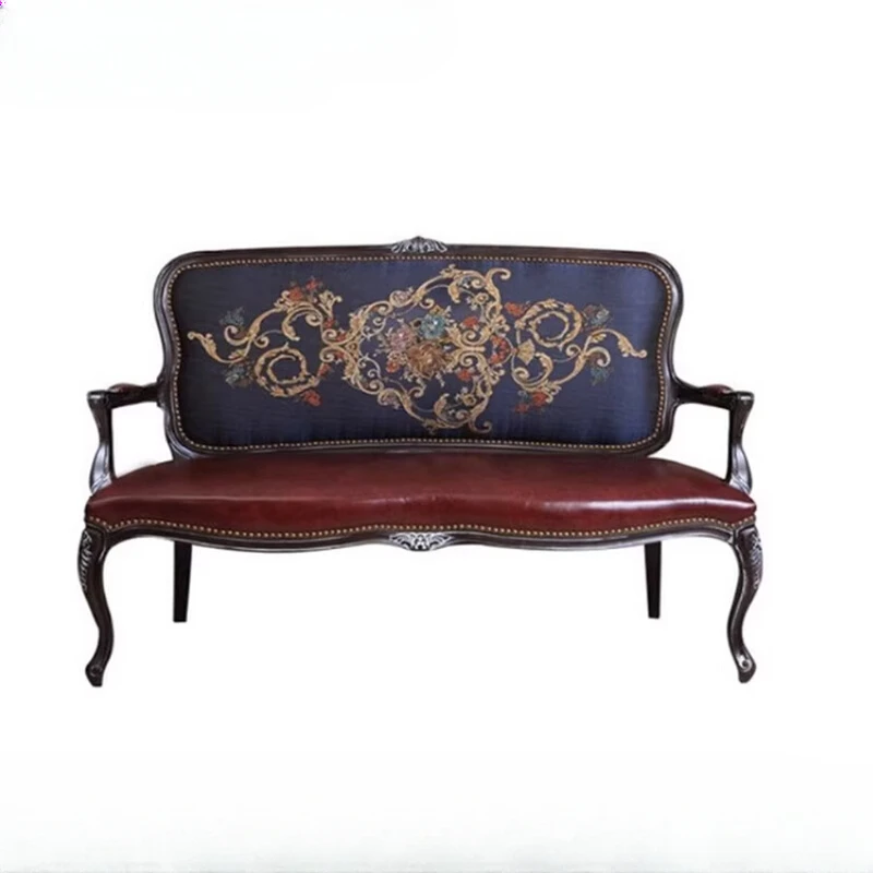 

Leather Art Sofa French Vintage Solid Wood Sofa Chair Handcarved Single, Two, Three Combination Light Luxury