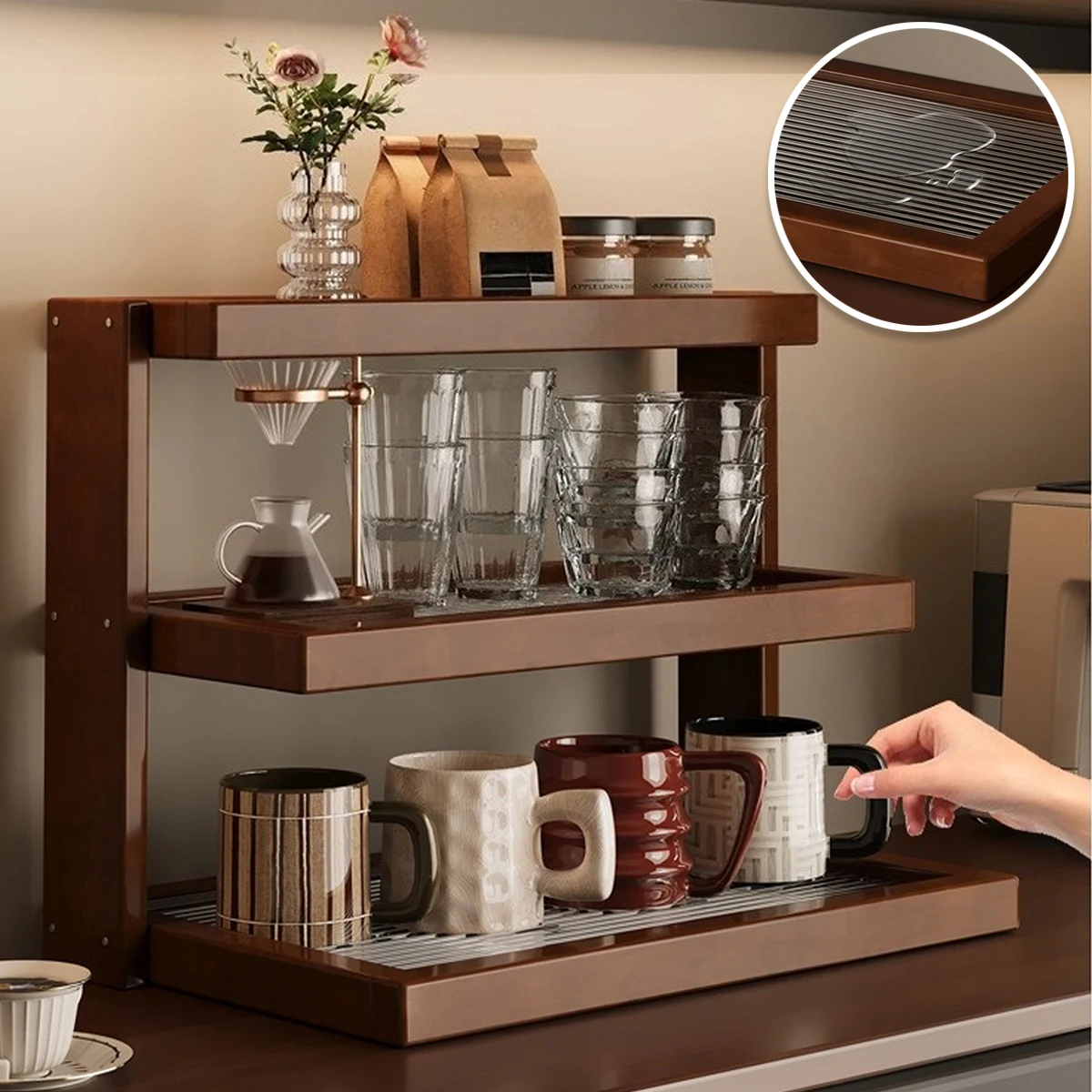 1PC Wood Retro Corner Shelf Multi-Tiered Space-Saving L-Shaped Cabinet Display Vintage Coffee Shop Organizer with Cup Holders