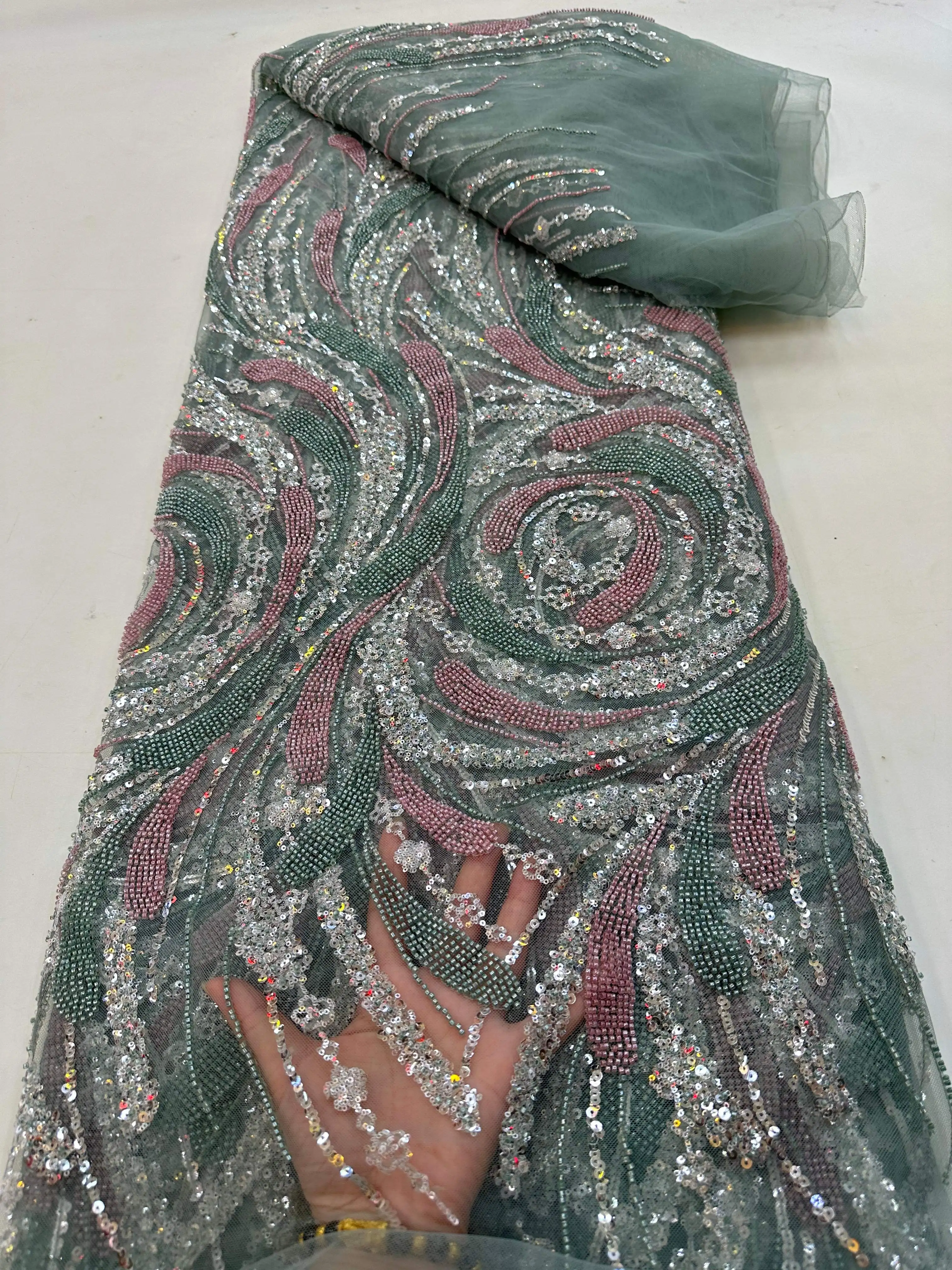 Latest Luxurious French Beaded Diamond Tulle Lace Fabric, 2026 African Sequin Lace Fabric, Wedding Dress Sewing Material. 1975