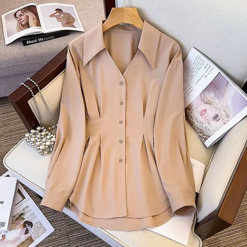 Women Clothing 2024 Spring Autumn Korean Fashion Elegant Irregular Button Shirts Office Lady Ruffled V Neck Long Sleeve Blouses