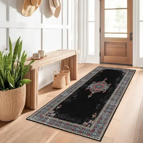 Distressed Medallion Art Deco Persian Runner Rug for Hallway Bedroom Kitchen Boho Home Decor Soft Non Slip Washable Floor Mat