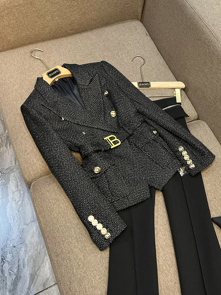 

2023 Luxury Thicker Fabric Black Tweed Fabric Pocket Designing Vintage Women Slim Outerwear Blazer with Belt