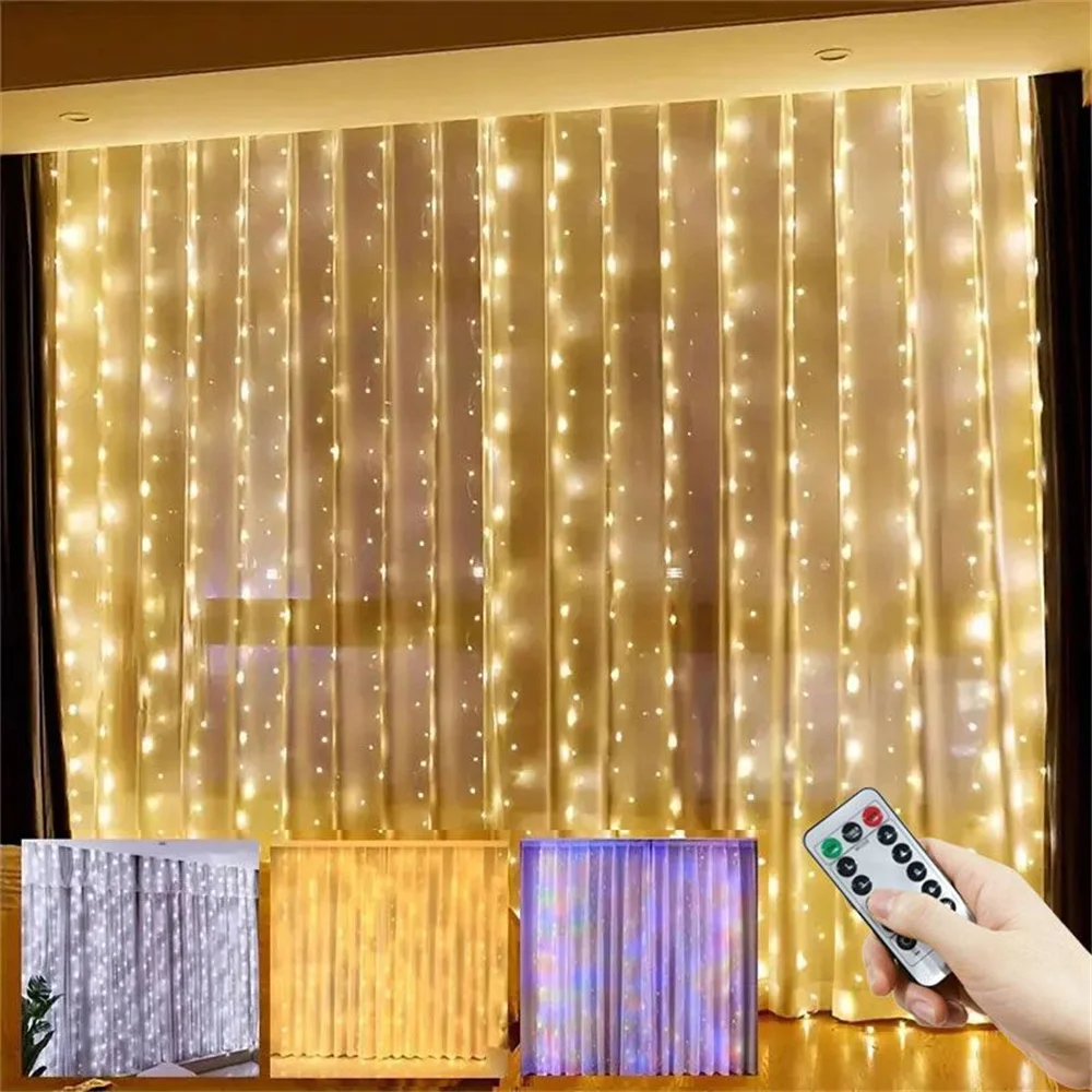 Christmas LED Curtain Lights Remote Control USB Fairy Lights with 8 Modes for Bedroom Wedding Holiday Party Decoration New Year