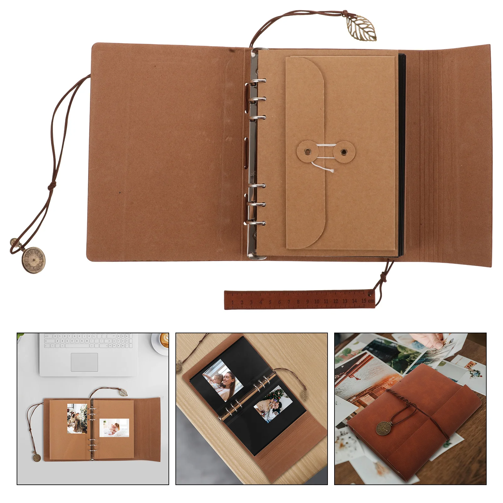 

Vintage PU Cover Photo Album DIY Scrapbook for Family Memory Keepsake Handicraft Craft with Hanging Charm