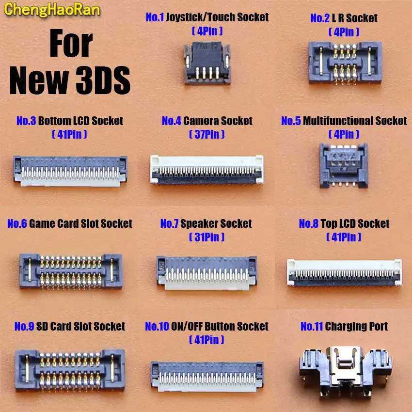 1 pieza para nuevo puerto de carga USB 3DS juego ranura para tarjeta SD bocina enchufe de cámara Joystick táctil botón superior LCD Screem conector FPC